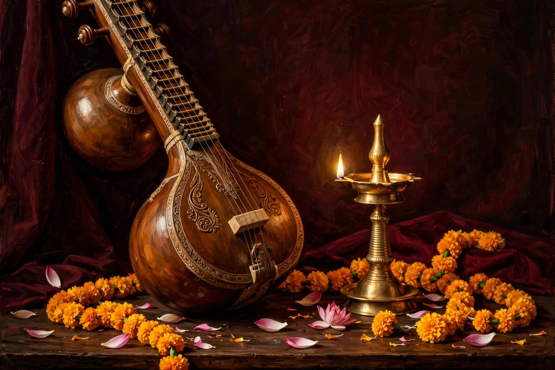 Illustration of a Saraswati veena beside a lit brass oil lamp with marigold garlands